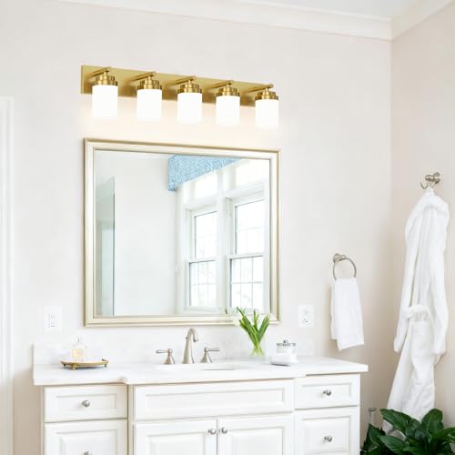 Image of IZORRO Bathroom Vanity Light Fixture, 5-Light 36 Inch Gold Bathroom Light Fixtures Over Mirror, with White Glass Shade, Modern Farmhouse Vanity Lights, Rustic Restroom Lighting Fixtures
