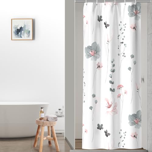 QiyI Watercolor Floral Shower Curtain, Flowers Print Minimalist Bathroom Curtain, Machine Washable Spring Modern Bath Curtain, Waterproof Fabric Shower Curtain Set with Hooks, 36 x 72, Charcoal Grey