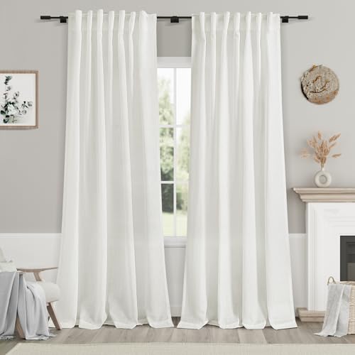Image of Nanspring Linen Curtains 84 Inch Length 2 Panels Set,Ivory - Back Tab Pocket Flax Linen Cotton Textured Curtains for Living Room Dining Room Cream White Natural Light Filtering Window Drapes 52X84