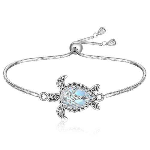 Turtle Bracelet Moonstone Tree of Life Sea Turtle Bracelet for Women Sterling Silver Adjustable Ocean Beach Hawaiian Sea Jewelry Christmas Birthday Gifts