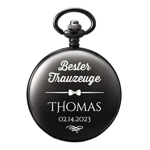 TREEWETO Taschenuhr Personalisiert Graviert Trauzeuge Bräutigam mit Persönlicher Gravur Trauzeugen Geschenke Bester Mann Hochzeitsgeschenk Schwarz