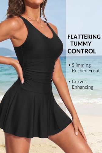 Image of Tummy Control One Piece Swimdress Womens Ruched Vintage Swimsuit Skirt | Slimming Ruched, Supportive Wide Straps, Removable Pads, Elegant Skirt, Secure Built-In Bottom, Tropical Swimwear