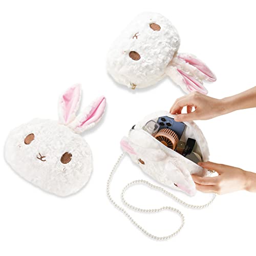 Image of kawaii bunny Crossbody bag,cartoon Plush Rabbit wallets,cute Lolita Handbag for women, Lovely Fluffy animal purse (pearl chain) white