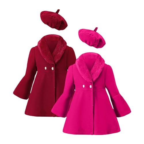 Toddler Wool Blend Coat Outfit with Beret Hat Baby Girls Button Down Flare Sleeve Lapel Neck Trench Warm Outwear