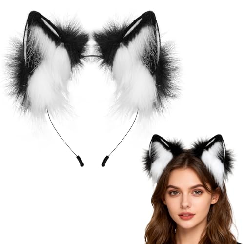 Shalwinn Kunstfell Fuchs Wolf Ohren Haarreif Handgefertigtes Pelzige Fuchsohren Katzenohren Stirnband Kopfbedeckung für Frauen Männer Halloween Cosplay Kostüm Party Zubehör (Black White)