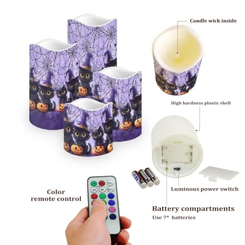 Image of Witch Kitten Battery Operated Candles Set of 4 | LED Flickering Battery Operated Color Changing Electric Pillar Candles for Living Room Halloween Home Decoration