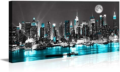 Canvas Wall Art Blue sea New York Paintings Wall Art,Black and White Stretched Wall Art for Bedroom Artwork Canvas Art Prints, 20"x40"Wall Decoration Painting Bedroom Wall Decor Office, Ready to Hang