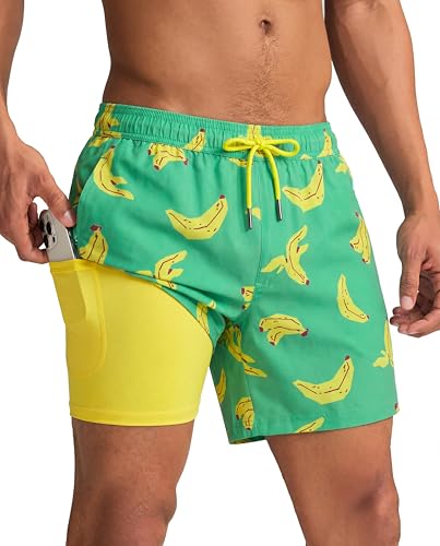 Image of maamgic Mens Swim Trunks with Compression Liner 5 Inch, Quick Dry Bathing Suit with Zipper Pockets, No-Chafing Swim Shorts