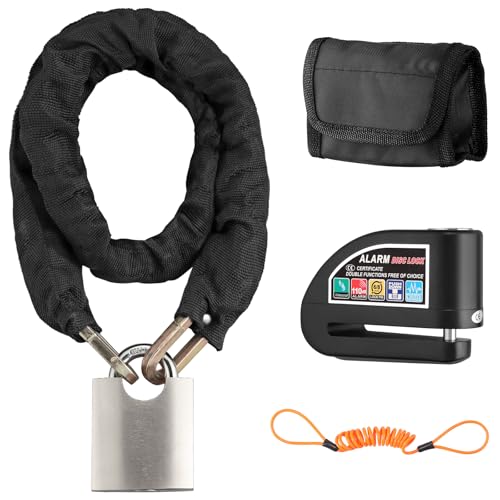 VINTEAM Motorbike Lock Set with 1.2M Multi Layer Heat Treated Chain & 110db Alarm Disc Lock Motorbike with Waterproof & Shockproof for Bicycle, Motorcycle, Scooter