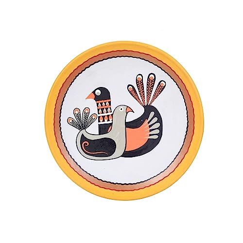 Image of Aakriti Art Creations Winged Melodies Terracotta Wall Decor Plate, Pichhwai Art Wall Hanging Plate Set of 1 Yellow Color | Glossy Finish Terracotta | Home Items for Living Room, Bedroom, Office