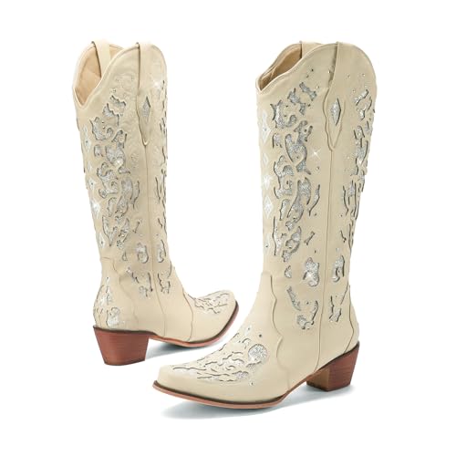 Image of LingxiaUne White Cowboy Boots for Women, Cowgirl Boots Comfortable Chunky Heel Rhinestone Wedding Boots Trendy Vintage Tall Glitter Boots with Embroidery for Daily Wearing| Party Size8