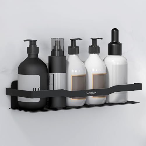 Image of Plantex Self Adhesive Bathroom Shelf /Stainless Steel Bathroom Organiser /Wall Adhesive Shelf /No Drill Bathroom Shelves /Kitchen Organizer-Pack of 1(12x4 Inch, Black)