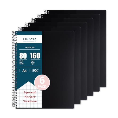 ONAVIA A4 Squared Notebook 6 Pack, 80 Sheets, 90GSM Spiral Notepad, Black