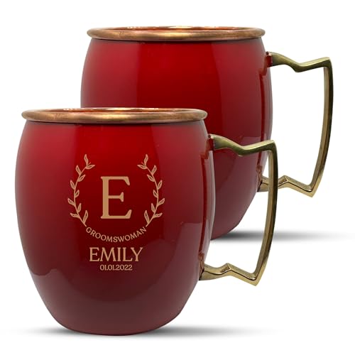Custom 100% Copper Moscow Mule with Smooth Painted Finish - Engraved Bar Style Cup with Personalized Groomswomen Monogram Leaves Arch Themed Engraving, Brass Handle | 18 oz, Red | Set of 2