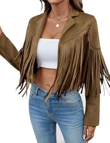 MATEAM Women's Faux Suede Leather Tassel Jackets With Lining Cropped