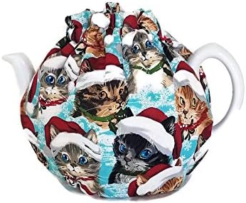 Tea Cozy/Farmhouse Decor/Tea lover gift/tea cosy, quilted tea warmer with Christmas cats on blue for a 5-8 cup teapot #675
