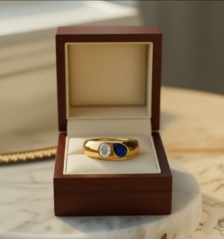 Yellow Gold Plated Chunky Dome Ring with Oval Diamond and Pear Cut Blue Sapphire Handmade Jewelry GMR88