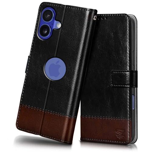 Image of FLIPPED Vegan Leather Flip Case Back Cover for iPhone 16 (Flexible, Shock Proof | Hand Stitched Leather Finish | Card Pockets Wallet & Stand | Black with Brown)
