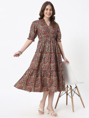 Image of PIDAVLIYA'S Women's Floral Summer Maxi Dress I Cotton Printed I One Piece Bodycon Midi Dress with V-Neck, Puffed Sleeves