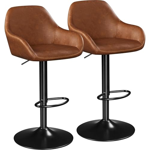Yaheetech Bar Stools Set of 2, PU Leather Swivel Counter Height Barstools, Adjustable Bar Chairs with Backrest and Footrest, Kitchen Island Stool for Home Kitchen, Retro Brown