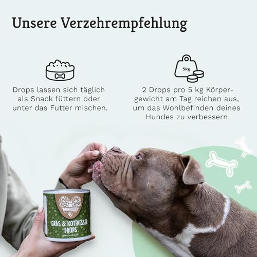 TIERLIEBHABER – Gras & Kotfresser Drops für Hunde – bei Fressen von Gras & Kot – beruhigt den Magen & reduziert Sodbrennen – Grasfresser Drops mit Heilerde, Ulmenrinde & Fenchel (350g | ca. 150 Stück)
