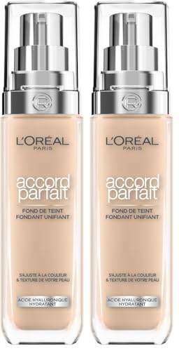 L'Oréal Paris - Fond de Teint Fluide - Hydratation 24H - Formule à l'Acide Hyaluronique - Tous les Types de Peaux - Teinte : Beige Rosé (3.R) - Accord Parfait - 30 ml (Lot de 2)