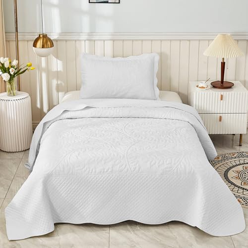 MarCielo 3-Piece 100% Cotton Oversized Bedspread Lightweight Quilt Coverlet Embroidery Farmhouse Bedding Set T0 (Bright White, Twin (68"x86"))