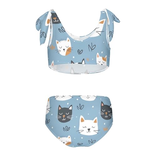 Girls' Bikini Set, Cat Faces on A Blue Background Kids Swimsuit 2 Pcs Beach Bathing Suit2
