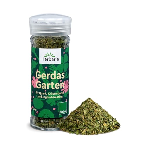 Herbaria Gerdas Garten bio Bioland 25g Streuer – Salatkräuter, Salatgewürz - Bio-Gewürz für Quark, Kräuterbutter, Joghurtdressing, Salatdressing - erlesenen Zutaten - im praktischen Glas-Gewürzstreuer