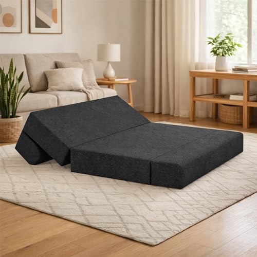 Image of Foldable Two Seater Sofa Bed 4 X 6 Ft Jute Fabric Washable Cover Sofa Cum Bed with Cushions Convertible Sofa Bed for Home (Black Color - Pre-Assembled)
