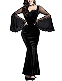 LANSHULAN Gothic Contrast Mesh Flounce Sleeve Velvet Mermaid Hem Dress Clothes