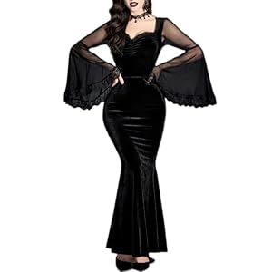 LANSHULAN Gothic Contrast Mesh Flounce Sleeve Velvet Mermaid Hem Dress Clothes