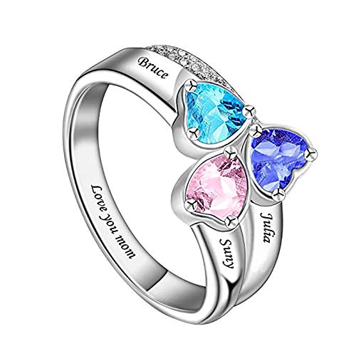 Taswuw Mothers Ring with 3 Heart Birthstones, 925 Sterling Silver Engraved Name Anniversary Ring for Women Family Mom Rings