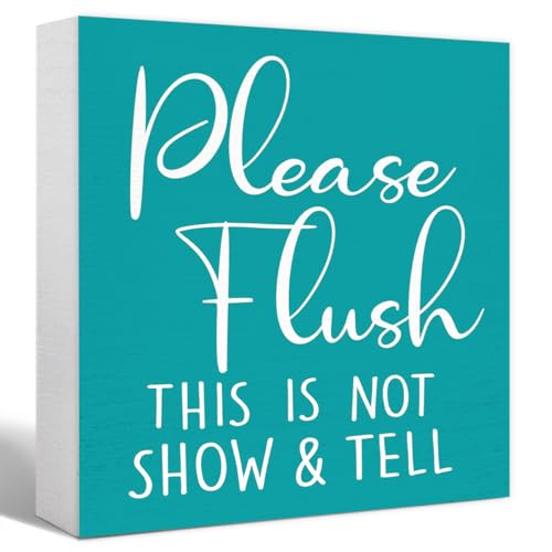 Funny Bathroom Blue Green Wood Sign Please Flush This is Not Show and Tell Wood Block Sign for Bathroom Shelf Toilet Restroom Home Tabletop Desk Decor,Farmhouse Wooden Box Sign