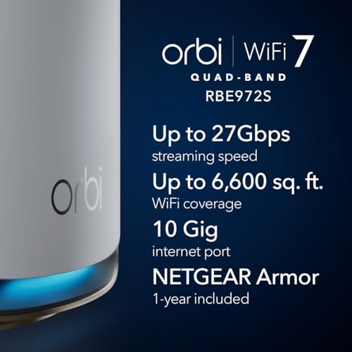 Image of NETGEAR Orbi 970 Series Quad-Band WiFi 7 Mesh Network System (RBE972S) - Router + 1 Satellite Extender, Security Features, 27 Gbps, 6,600 sq. ft., 200 Devices, 10 Gig Internet Port - Free Expert Help