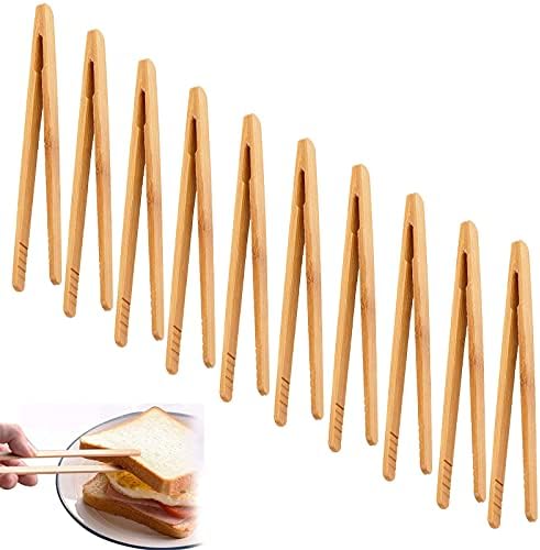 10 Pack Bamboo Tongs-Toaster Tongs Bamboo Reusable Wooden Tongs for Toaster, Mini Tongs for Salad ,Tea,Fruits, Bread,Pickles and BBQ- Bamboo Tongs for Cooking-7 Inch