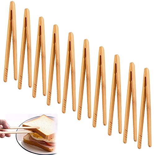 10 Pack Bamboo Tongs-Toaster Tongs Bamboo Reusable Wooden Tongs For Toaster, Mini Tongs For Salad ,Tea,Fruits, Bread,Pickles And Bbq- Bamboo Tongs For Cooking-7 Inch #TOP3