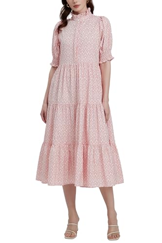 D-Sun Women Floral V-Neck Maxi Dress Button Down Printed Short Puff Sleeve Tiered Collared Flowy Elegant Long Dress Pocket