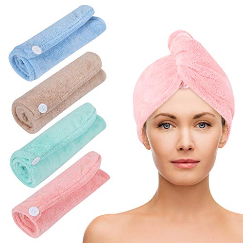 Hair Towel Wrap Super Absorbent Microfiber Coral Velvet Hair Drying Towel Quick Dry Hair Turban for Women Curly Thick Long Hair, 4 Pack, Blue