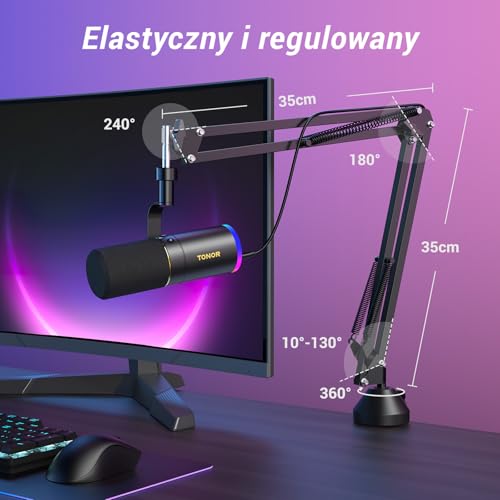 TONOR XLR/USB mikrofon gamingowy z ramieniem o wysokim profilu, do studia podcastów, śpiewu, streamingu, trybów RGB i jasności regulowana do PS4/5 Mac Mixer, kart dźwiękowych TD520S+