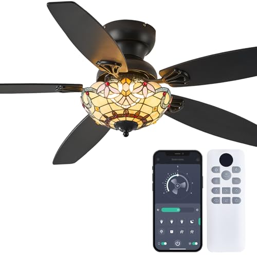 Yanokooe Tiffany Ceiling Fans with Lights - 52 Ceiling Fan Chandelier with 5 Dual-Blades and Glass Shade 6 Speeds and Reversible Indoor and Outdoor Retro Style