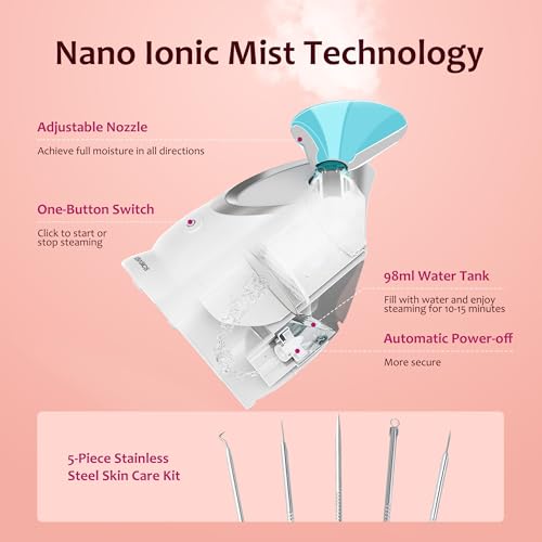 Image of EZBASICS Facial Steamer - Professional Nano Ionic Face Steamer for Facial Deep Cleaning, Warm Mist Humidifier for Home Spa, Unclogs Pores Sinus, Bonus 5 Piece Stainless Steel Skin Kit (Blue)