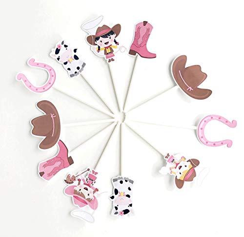 Cowgirl Cupcake Toppers 12 Pcs - Pink Western Cake Picks Birthday Decoration Party Supplies, Girl Baby Shower Themed #TOP1