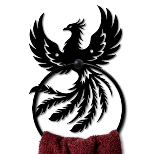 MAYJOYDIY Phoenix Metal Towel Ring Round Animal Hand Towel Holder Ring Hanger Wall Mount Black Vintage Towels Wall Organizer for Kitchen Bath Home Laundry Room Decors Gifts