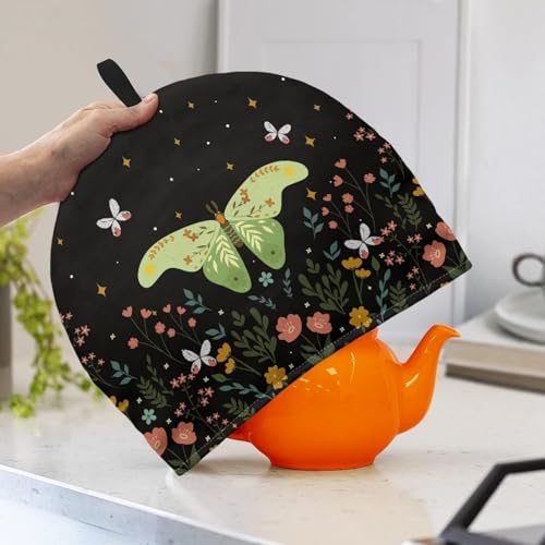 Tomeusey Butterfly Floral Teapot Cozies, Durable Teapot Dust Cover with Top Drawstring Kitchen Tea Pot Protective Cover,Home Kitchen Tea Table Office Decor