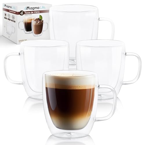 Lista de Venta de tazas más recomendados. 43 Magma Life Set de 4 Tazas Doble Fondo con Asa, Vasos Perfectos para Disfrutar Capuchino, Americano, Espresso o Té, Cada Taza tiene una Capacidad de 400 ml