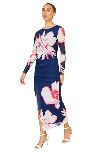 Image of Yumi Navy Floral Placement Floral Long Sleeve Mesh Maxi Dress (UK, Numeric, 8, Regular, Regular, Navy)