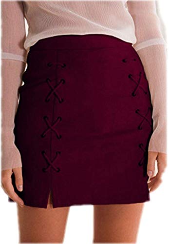 Katiewens Women's Classic High Waist Lace Up Bodycon Faux Suede A Line Mini Pencil Skirt Wine Red #TOP3