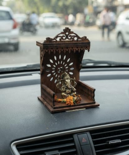 Image of Handcrafted Wooden Car Dashboard Temple, Walnut Finish, Laser-Cut Om Floral Design, MDF Mandir for Car Interior (Open Side Walnut Finish)