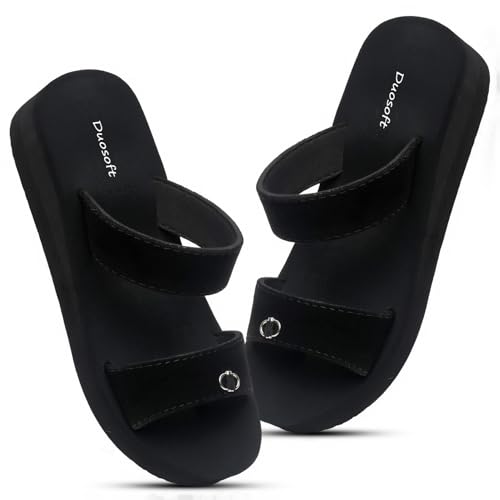 Duosoft Dusoft Black Platform Sandals, Women's Casual Strappy Slides With Metal Ring Detail, Comfort Wedge Heel (Black, UK Footwear Size System, Adult, Women, Numeric, Medium, 5)